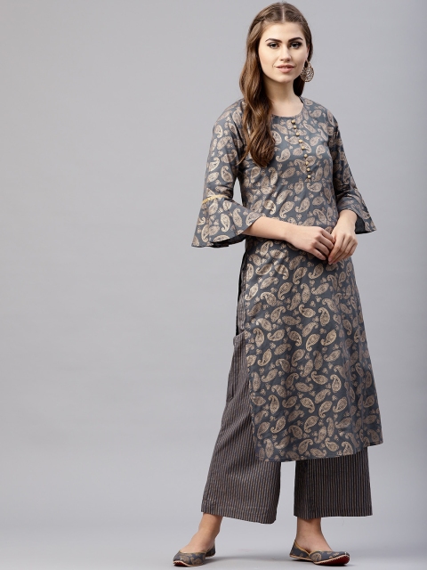 

AKS Women Grey & Golden Paisley Print Straight Kurta