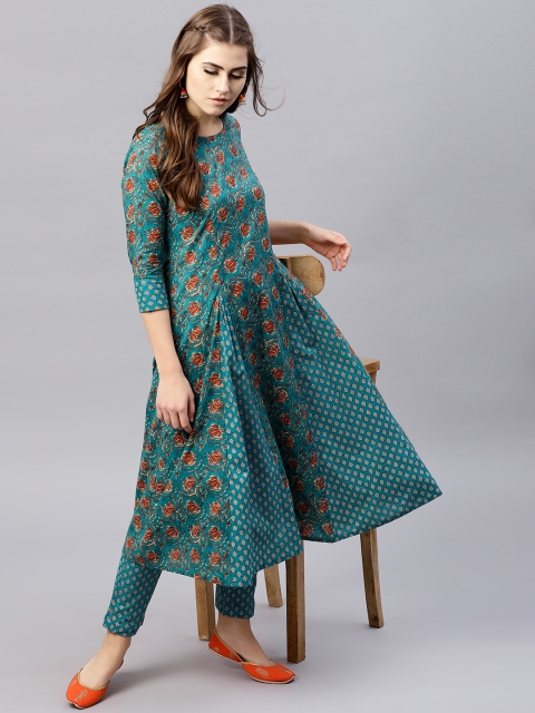 

AKS Women Blue & Rust Orange Printed A-Line Kurta