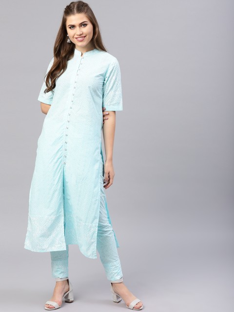

AKS Women Turquoise Blue & White Printed Kurta with Trousers