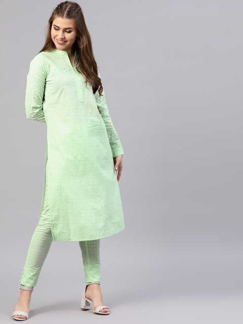 

AKS Women Sea Green & White Printed Kurta with Trousers
