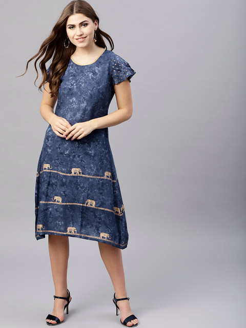 

AKS Women Blue Printed A-Line Dress