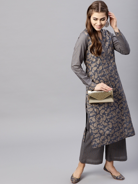 

AKS Women Grey & Golden Paisley Print Straight Kurta