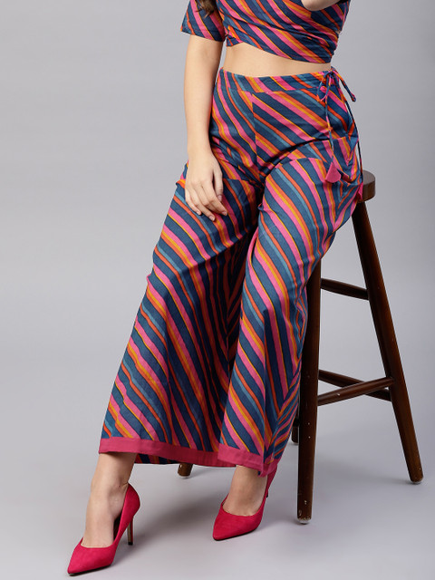 

AKS Women Navy Blue & Fuchsia Striped Wide Leg Palazzos