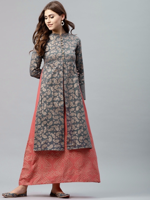 

AKS Women Grey & Peach-Coloured Printed Maxi Dress