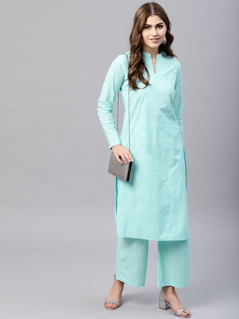 

AKS Women Turquoise Blue Khari Print Straight Kurta