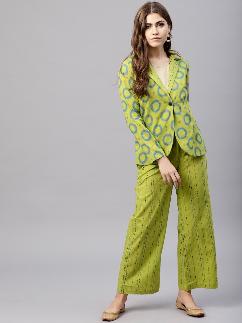 

AKS Women Green Printed Blazer with Palazzos