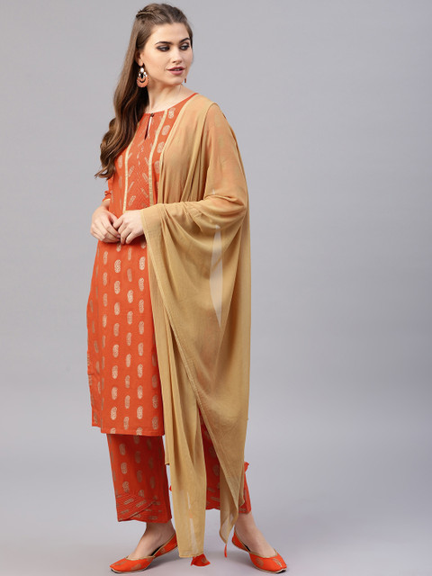 

AKS Women Orange & Golden Printed Kurta with Palazzos & Dupatta
