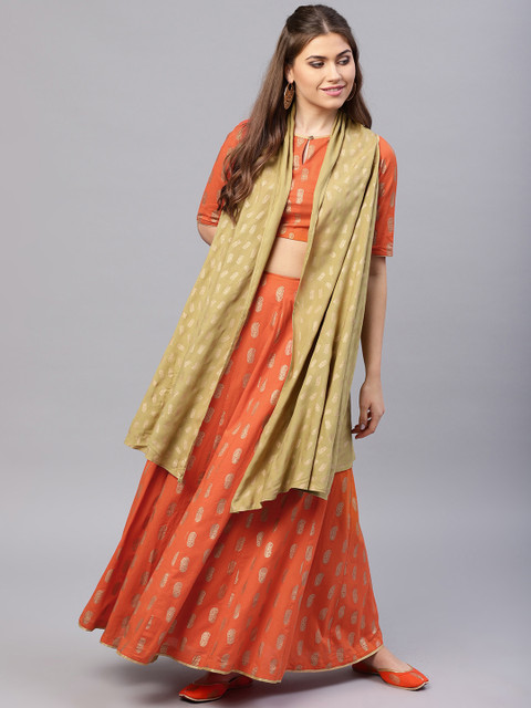

AKS Orange Printed Ready to Wear Lehenga with Blouse & Ethnic Jacket