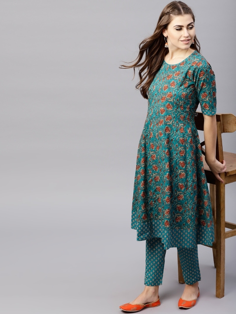 

AKS Women Blue & Rust Orange Printed A-Line Kurta
