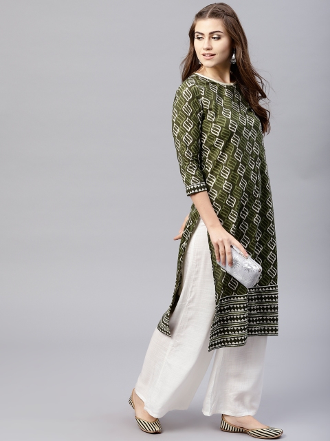 

AKS Women Olive Green & Cream-Coloured Printed Straight Kurta