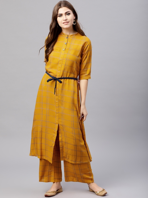 

AKS Women Mustard Yellow Checked A-Line Kurta