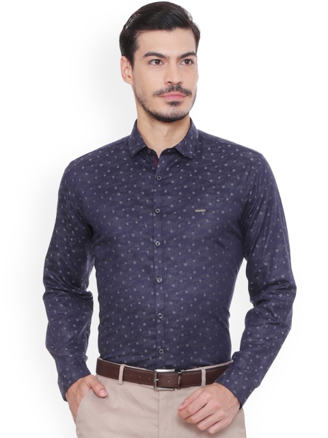 

V Dot Men Navy Blue & Off-White Slim Fit Printed Formal Shirt