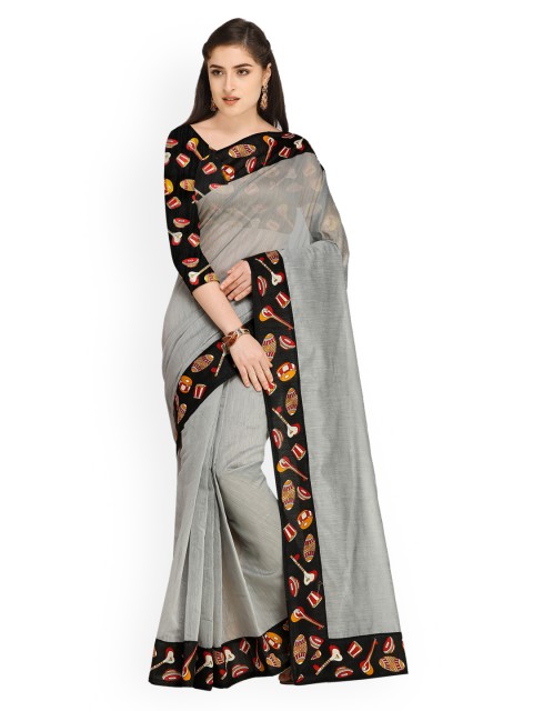 

Blissta Grey Polycotton Solid Chanderi Saree