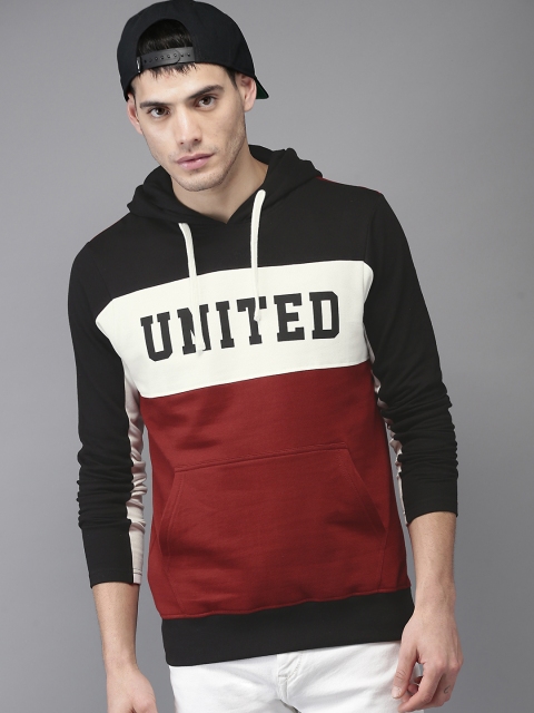 

Moda Rapido Men Black & Maroon Colourblocked Hooded Sweatshirt