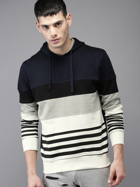 

Moda Rapido Men Navy Blue & White Striped Hooded Sweatshirt