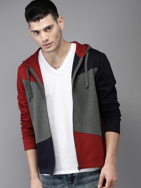 

Moda Rapido Men Maroon & Navy Blue Colourblocked Hooded Sweatshirt