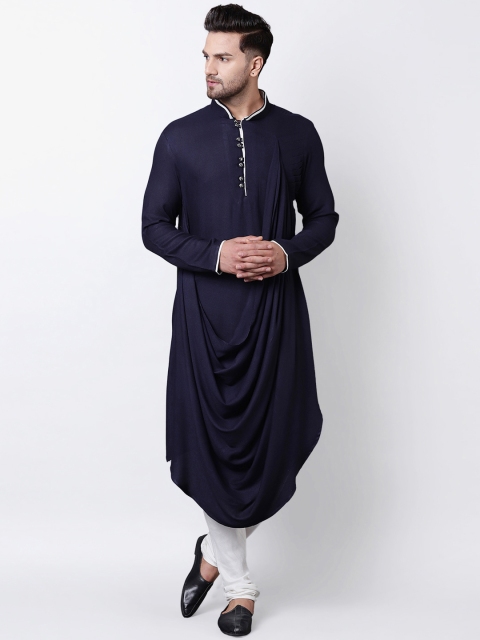 

I Know Men Navy Blue Solid Front Drape Asymmetric Straight Kurta