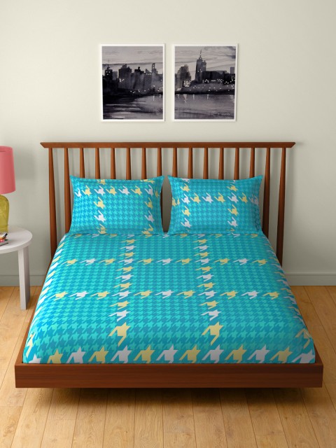 

CORE Designed by SPACES Blue Printed Flat 104 TC Cotton Bedsheet with 2 Pillow Covers