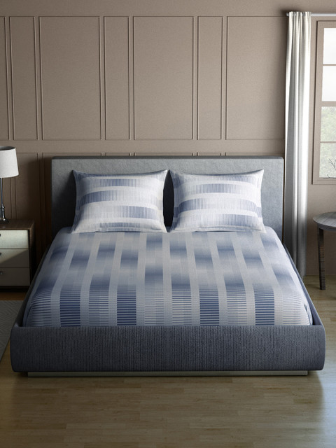 

CORE Designed by SPACES Blue Striped Flat 104 TC Cotton Bedsheet with 2 Pillow Covers