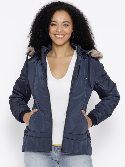 

Fort Collins Women Navy Blue Solid Parka Jacket with Detachable Hood
