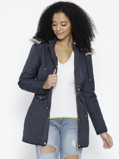 

Fort Collins Women Navy Blue Solid Longline Parka Jacket with Detachable Hood