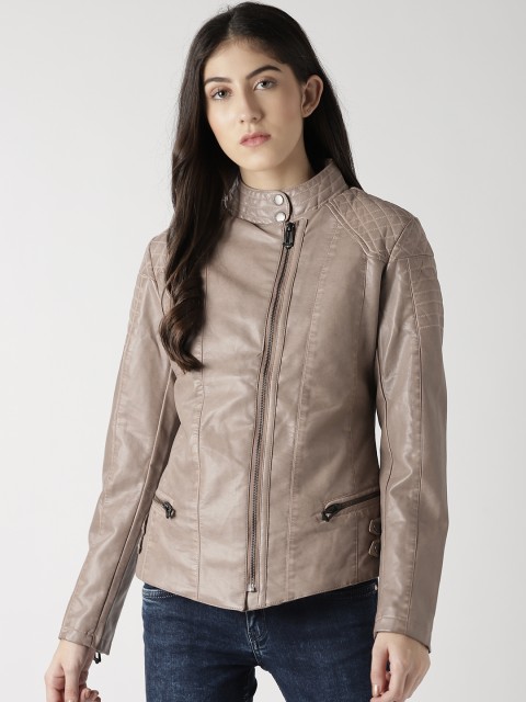 

Fort Collins Women Beige Solid Biker Jacket