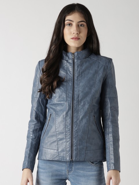 

Fort Collins Women Blue Solid Faux Leather Biker Jacket