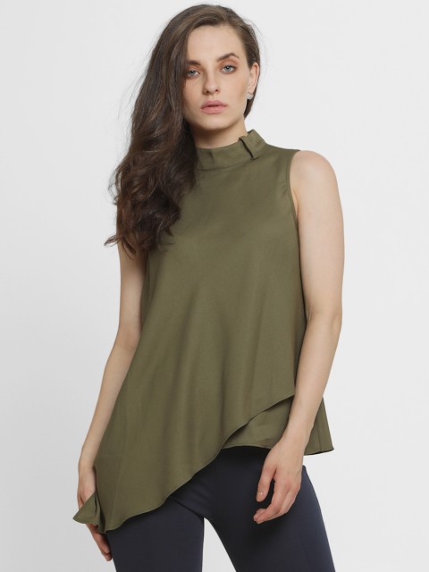 

Kazo Women Olive Green Solid High-Low Top