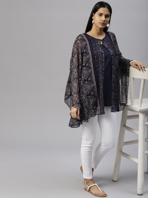 

Shree Navy Blue & Black Printed Cape Tunic