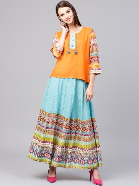 

Shree Women Orange & Blue Striped Top with Skirt