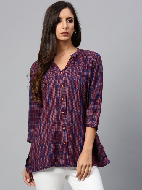 

Shree Women Navy Blue & Peach-Coloured Printed A-Line Top