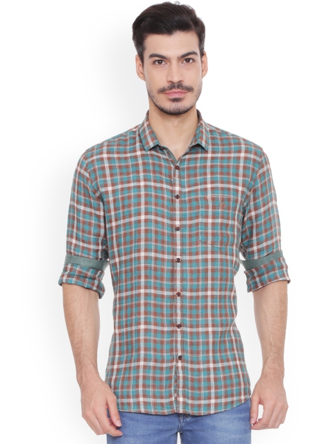 

Van Heusen Sport Linen Men Blue & Brown Slim Fit Checked Casual Shirt