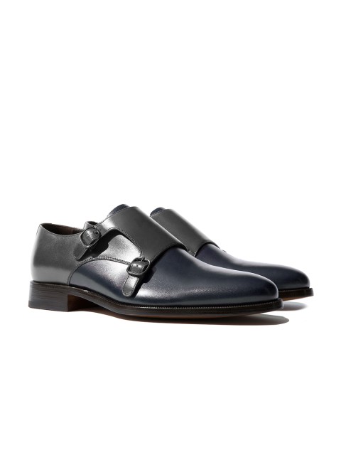 

Rapawalk Grey & Blue Handcrafted Wide Width Leather Monks, Navy blue