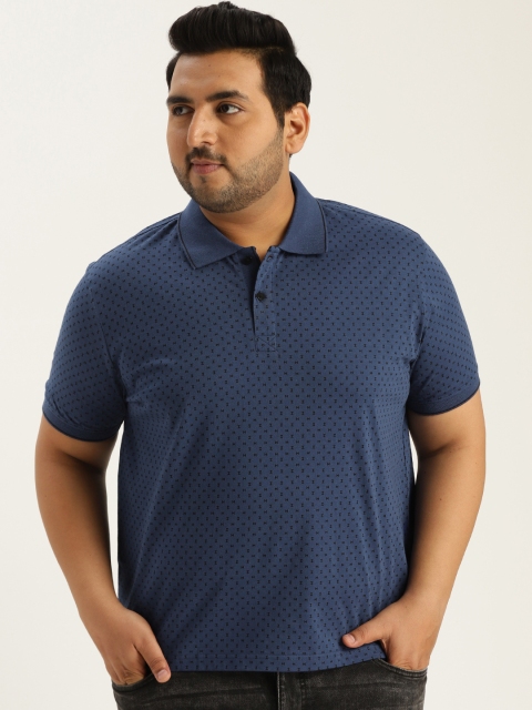 

Sztori Plus Size Men Blue Printed Polo Collar T-shirt