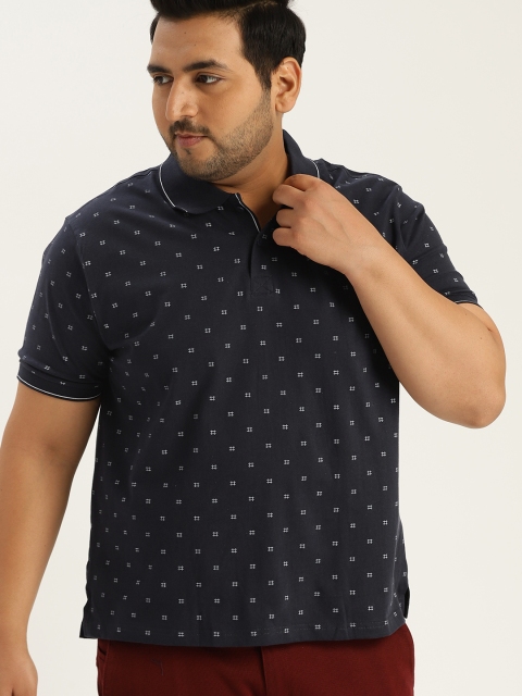 

Sztori Plus Size Men Navy Blue Printed Polo Collar T-shirt