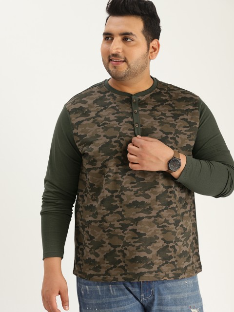 

Sztori Plus Size Men Olive Green Printed Henley Neck T-shirt