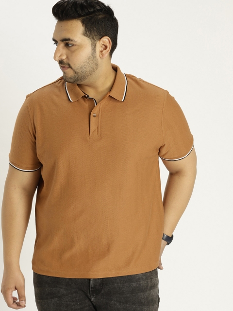 

Sztori Plus Size Men Mustard Yellow Self-Design Polo Collar T-shirt