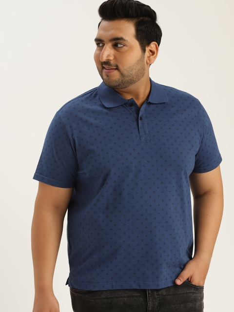 

Sztori Plus Size Men Blue Printed Polo Collar T-shirt