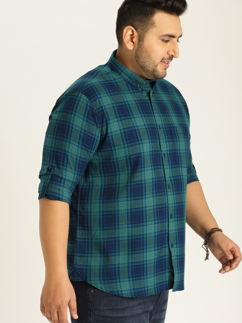 

Sztori Plus Size Men Teal Green Navy Blue Checked Casual Shirt