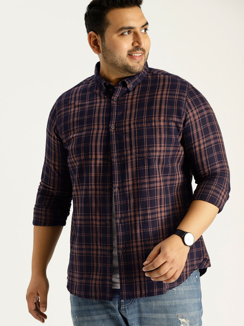 

Sztori Plus Size Men Navy Blue Brown Checked Casual Shirt