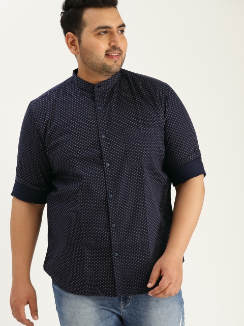 

Sztori Plus Size Men Navy Blue Beige Printed Casual Shirt