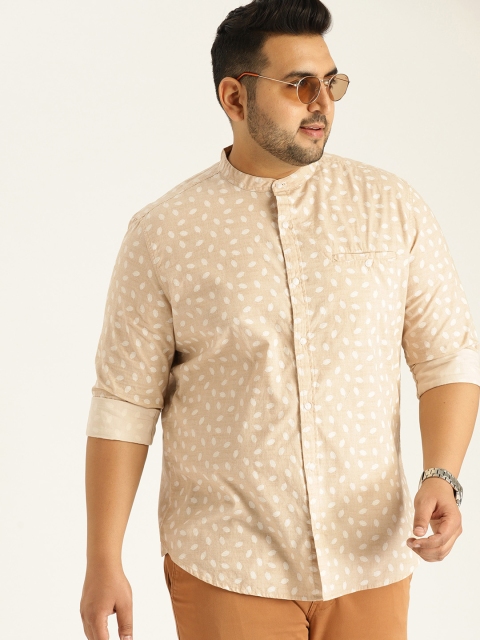 

Sztori Plus Size Men Beige White Printed Casual Shirt
