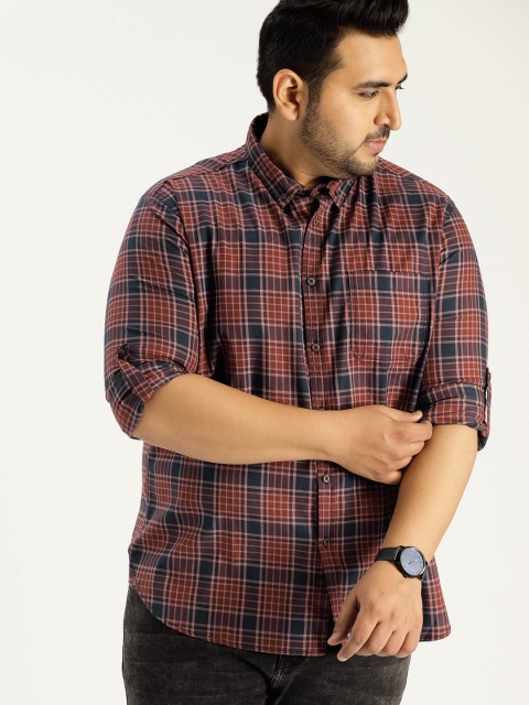 

Sztori Plus Size Men Rust Red Navy Checked Casual Shirt