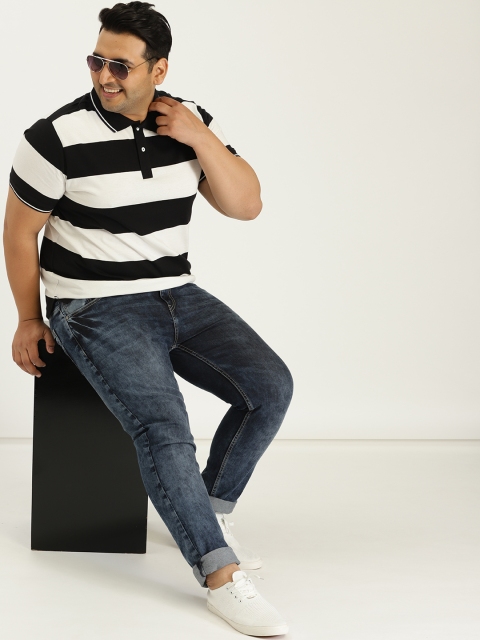 

Sztori Plus Size Men White Black Striped Polo Collar T-shirt