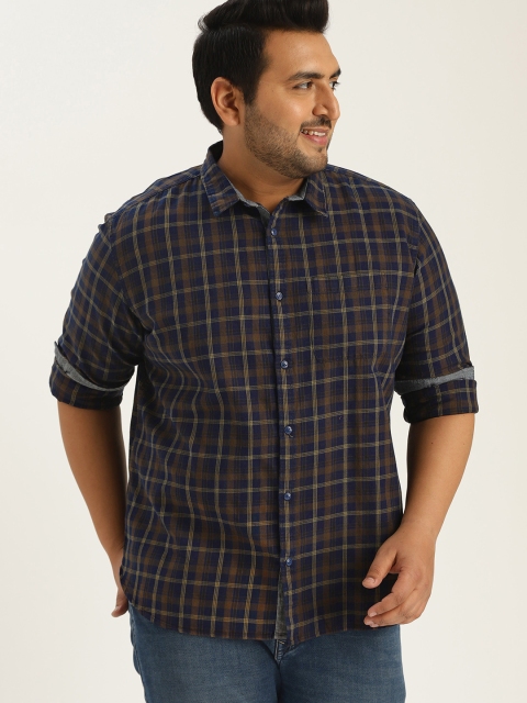 

Sztori Plus Size Men Navy Blue Olive Green Checked Casual Shirt