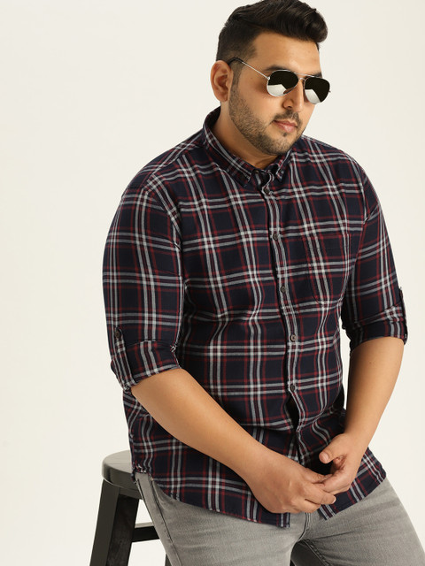 

Sztori Plus Size Men Navy Blue Maroon Checked Casual Shirt