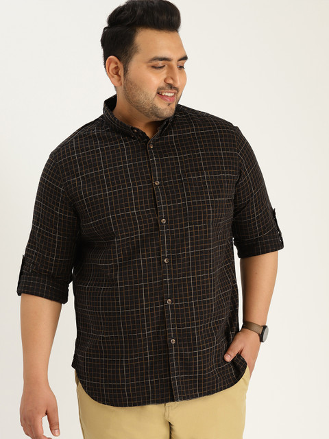 

Sztori Plus Size Men Black Brown Checked Casual Shirt