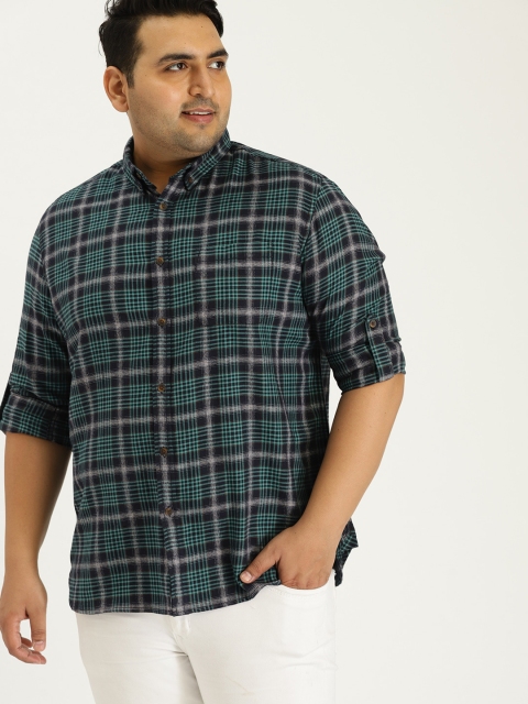 

Sztori Plus Size Men Green Navy Blue Checked Casual Shirt