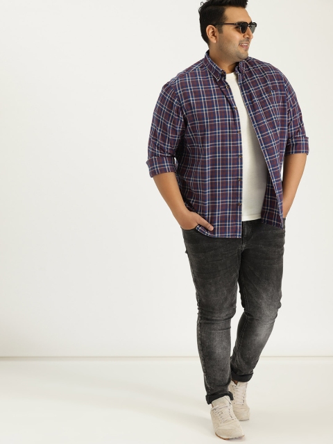 

Sztori Plus Size Men Burgundy Blue Checked Casual Shirt