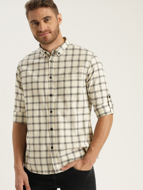

Sztori Plus Size Men Off-White Navy Blue Checked Casual Shirt